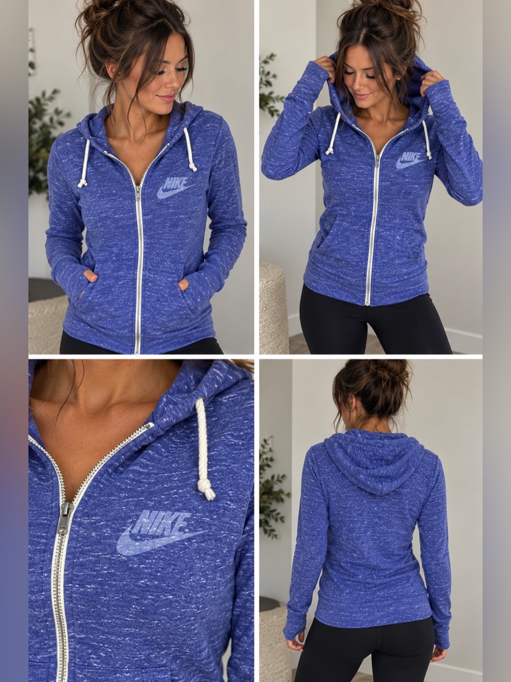Nike Women’s XS Blue Heather Full Zip Hoodie Sweatshirt White Logo Athletic